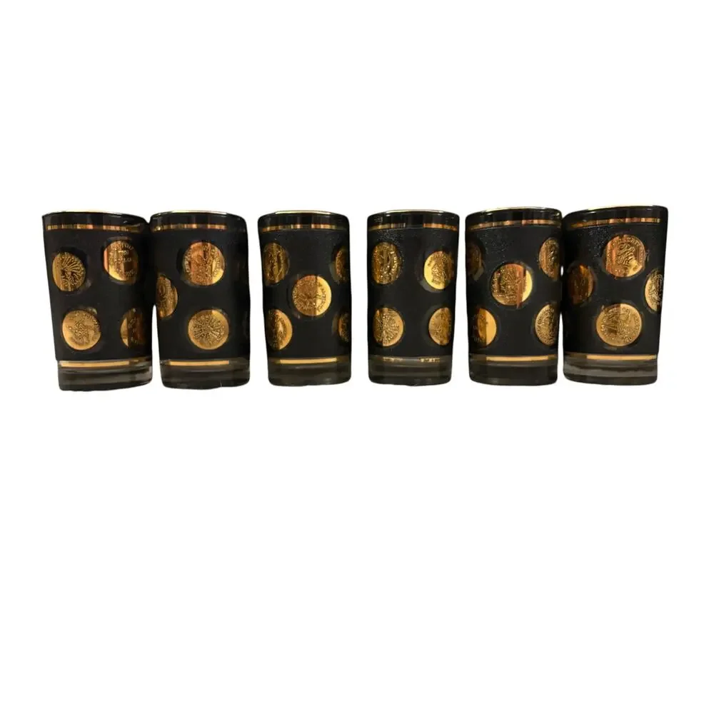 Libby Set 6 Black & Gold Liberty Coin Glasses Mid-century Modern Madmen Barware